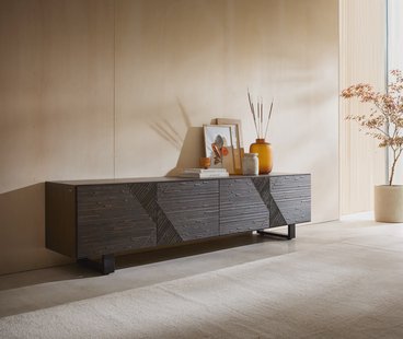 DELIFE TV-meubel Tereos 220 cm essenhout donkerbruin 3D-effect 4 deuren met metalen sledepoten zwart