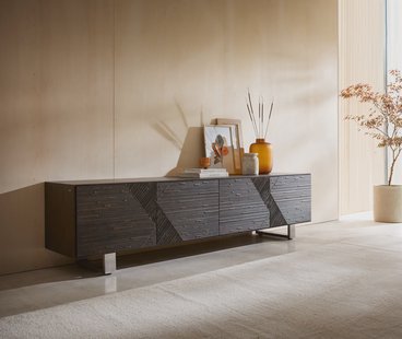 DELIFE TV-meubel Tereos 220 cm donkerbruin essenhout 3D-effect 4 deuren glijvoeten van geborsteld RVS