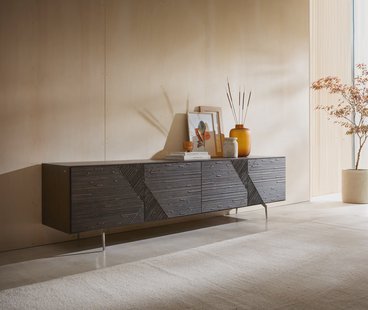 DELIFE TV-meubel Tereos 220 cm essenhout donkerbruin 3D-effect 4 deuren hoekpoot geborsteld RVS