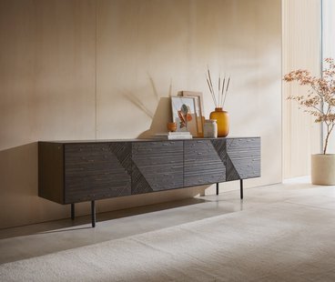DELIFE TV-meubel Tereos 220 cm essenhout donkerbruin 3D-effect 4 deuren ronde voet metaal zwart