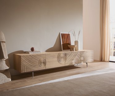 DELIFE TV-meubel Ashara 220 cm eiken natuur 3D-effect 4 deuren hoekpoot geborsteld RVS