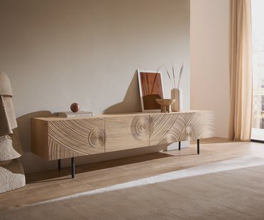 DELIFE TV-meubel Ashara 220 cm eiken natuur 3D-effect 4 deuren ronde voet metaal zwart