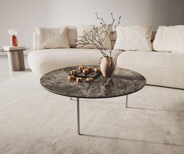 DELIFE Salontafel Edge rond 90x90 cm keramiek Laminam® Emperador Extra Lucidato donkerbruin Trive geborsteld roestvrij staal