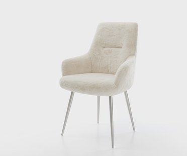 DELIFE Eetkamerstoel Zelia-Flex met armleuning pluchen crème-wit 4-poot conisch roestvrij staal pocketveer kern