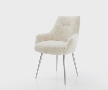 DELIFE Eetkamerstoel Alja-Flex met armleuning pluchen crème-wit 4-poot conisch roestvrij staal pocketveer kern