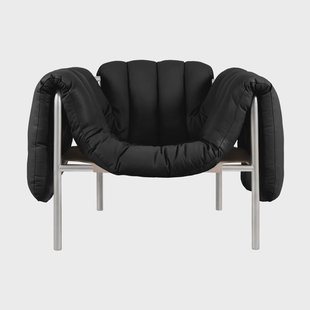Hem Puffy loungefauteuil Black leather-roestvrij staal