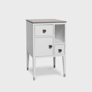 Mavis Abisko hoge poot nachtkastje wit, bovenkant beton, handvat bruin elandleer