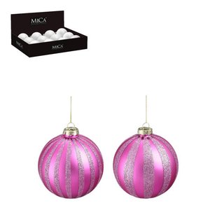 Mica Decorations Kerstballen glas streep fuchsia lila - 2 stuks (ø10 cm)
