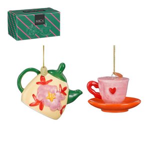 Mica Decorations kerstornament cadeau set - theekopje - theepot (2 stuks)