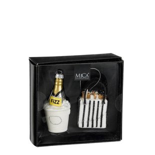 Mica Decorations kerstornament champagnefles tas - glas (2 stuks)