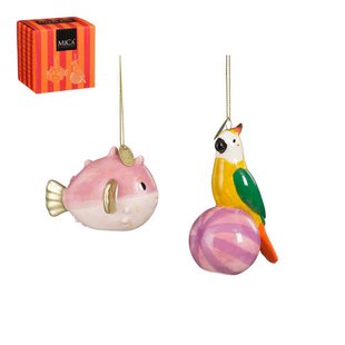 Mica Decorations kerstornament cadeau set - papegaai - vis (2 stuks)