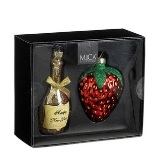 Mica Decorations kerstornament champagnefles - glas - rood (2 stuks)