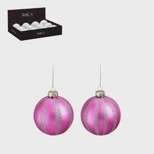 Mica Decorations Kerstballen glas streep fuchsia lila - 2 stuks (ø8 cm)
