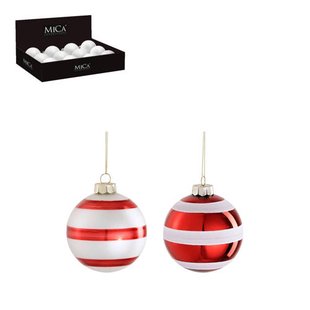 Mica Decorations Kerstballen glas streep rood wit - 2 stuks (ø8 cm)