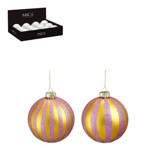 Mica Decorations Kerstballen glas streep goud lila - 2 stuks (ø10 cm)