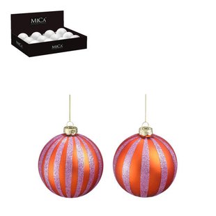 Mica Decorations Kerstballen glas streep oranje lila - 2 stuks (ø10 cm)