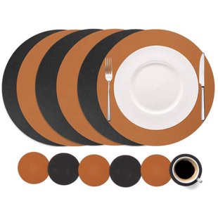 Cookinglife Cookinglife 6 Placemats + 6 Onderzetters - Dubbelzijdig - Rond - Zwart / Cognac