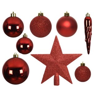 Decoris Kerstballen polystyreen kerstrood shiny matt glitter mix - 33 stuks (ø8 cm)