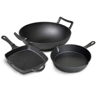 Blackwell Pannenset Gietijzer - Grillpan 23 x 23 cm, Koekenpan ø 25 cm & Wok ø 32 cm - 3 Delig