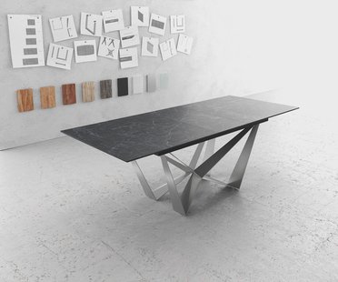 DELIFE Eettafel Edge 180-220x90cm Laminam® keramiek grijs middenpoot vlak staal zilver