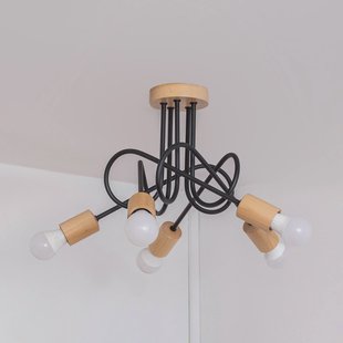 HELAM Plafondlamp Oxford, zwart, hout, metaal, 5-lamps, Ø 47 cm