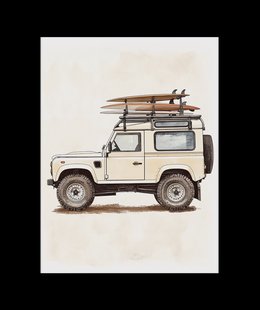 Vintage Land Rover Defender met Surfboards Poster