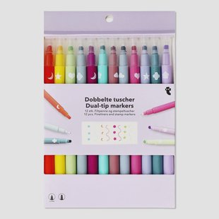 Dubbelpuntige markers met fineliners en stempels - 12 stuks