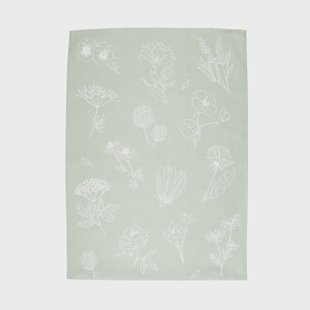 Theedoek, katoen, groen/wit met bloemenmotief