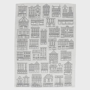 Theedoek, katoen, wit/zwart met gevelmotief