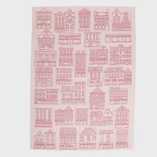 Theedoek, katoen, wit/rood met gevelmotief