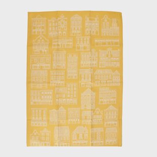 Theedoek, katoen, geel/wit met gevelmotief