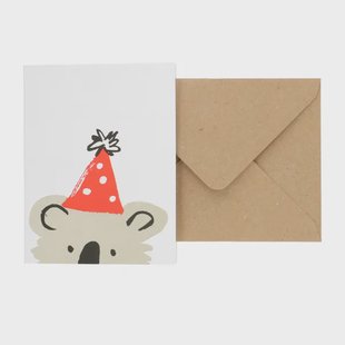Kaart met envelop, koala met feestmuts