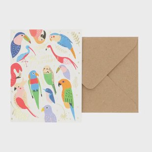 Kaart met envelop, verjaardag, tropische vogels