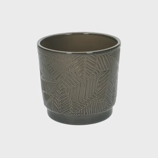 Bloempot, aardewerk, grijsgroen met palmbladmotief,&Oslash; 14 cm