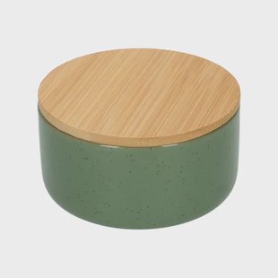 Bakje + deksel, groengrijs, keramiek en bamboe