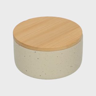 Bakje + deksel, beige spikkel, keramiek en bamboe