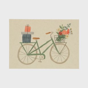 Kaart, fiets bloemen en cadeaus