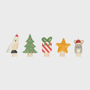 Stekers voor jaarring/adventsring, kerstfiguurtjes, hout, set van 5