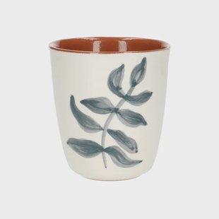 Beker, terracotta, groot blauw blad, 10 x 10 cm