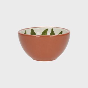 Kom, terracotta, groen blad, 9,5 X 5 cm