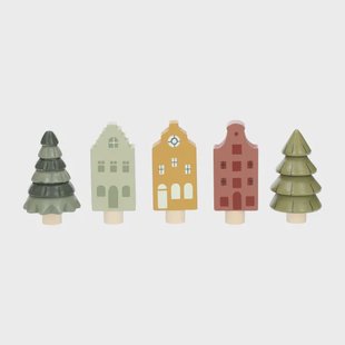 Stekers voor jaarring, hout, huisjes, set van 5