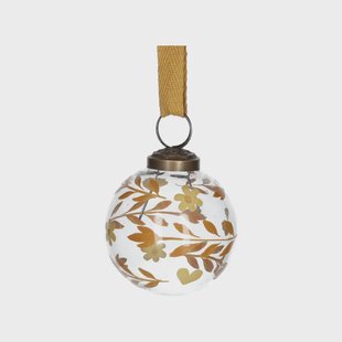 Kerstbal, beschilderd, glas, okerkleurige takjes en bloemen,&Oslash; 7 cm