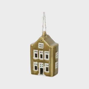 Hanger huisje, porselein, mosgroen, 7 cm