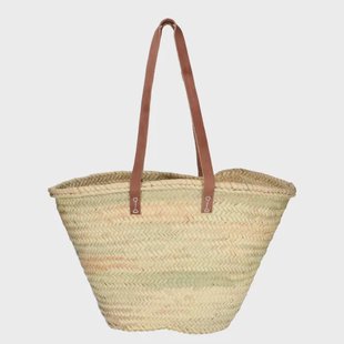 Boodschappentas, palmblad, lang lederen hengsel