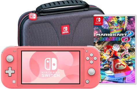 Nintendo Switch Lite Koraal + Mario Kart 8 Deluxe + Bigben Beschermtas