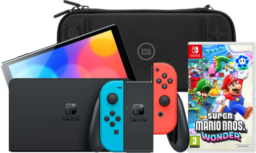 Nintendo Switch OLED Blauw/Rood + Super Mario Bros. Wonder + BlueBuilt Beschermhoes