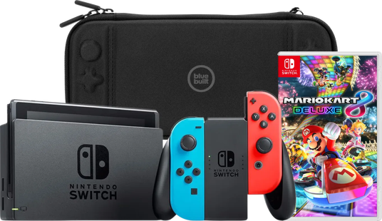 Nintendo Switch Rood/Blauw + Mario Kart 8 Deluxe + BlueBuilt Beschermhoes