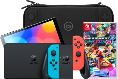 Nintendo Switch OLED Blauw/Rood + Mario Kart 8 Deluxe + BlueBuilt Beschermhoes