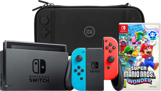 Nintendo Switch Rood/Blauw + Super Mario Bros. Wonder + BlueBuilt Beschermhoes