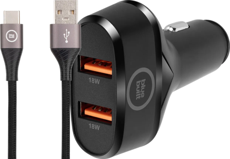BlueBuilt Quick Charge Autolader 18W Zwart + Usb C Kabel 1,5m Nylon Zwart